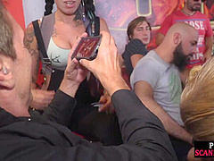 Public babes used in bondage deepthroating orgy session