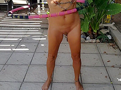 Nippleringlover Horny Milf Swinging Hulahoop Naked Outdoors Chained Pierced Nipples & Pussy Lips