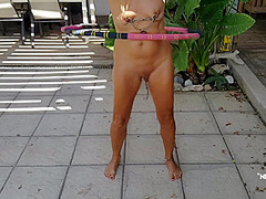Nippleringlover Horny Milf Swinging Hulahoop Naked Outdoors Chained Pierced Nipples & Pussy Lips