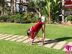 Stretching Outdoors In Red - Watch4Fetish