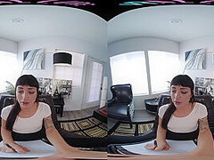 Skinny brunette fucks her ass with a toy in virtual reality