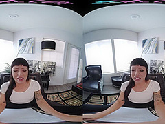 Skinny brunette fucks her ass with a toy in virtual reality