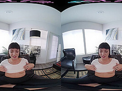 Skinny brunette fucks her ass with a toy in virtual reality