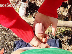 Skinny Schoolgirl Masturbate Handjob My Horny Dick Outdoor In The Wood