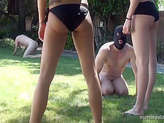 Two Dommes In Bikinis Train Two Naked Male Slaves As Dogs