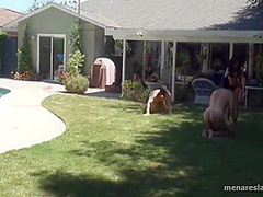 Two Dommes In Bikinis Train Two Naked Male Slaves As Dogs