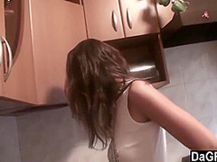 Naughty Hot Brunette Teen Chick Licking Twats In Kitchen - Www.sexxycamz 8 Min