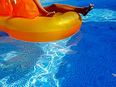 Nippleringlover Horny Milf Masturbating Outdoors In Pool Inserting Huge Screws In Extreme Stretched Pierced Nipples