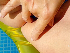 Nippleringlover Horny Milf Masturbating Outdoors In Pool Inserting Huge Screws In Extreme Stretched Pierced Nipples