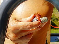 Nippleringlover Horny Milf Masturbating Outdoors In Pool Inserting Huge Screws In Extreme Stretched Pierced Nipples