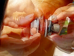 Nippleringlover Horny Milf Masturbating Outdoors In Pool Inserting Huge Screws In Extreme Stretched Pierced Nipples