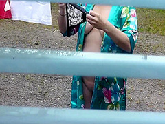 Milf Naked In Public. Voyeur. Frinas Husband Peeps In Window Like In House Yard Her Pregnant Sister Dries Clothes In Bathrobe No Bra And Panties. Public Nudity. Outdoors Pov 11 Min