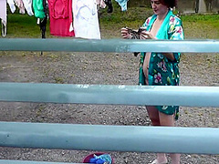 Milf Naked In Public. Voyeur. Frinas Husband Peeps In Window Like In House Yard Her Pregnant Sister Dries Clothes In Bathrobe No Bra And Panties. Public Nudity. Outdoors Pov 11 Min