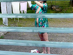 Milf Naked In Public. Voyeur. Frinas Husband Peeps In Window Like In House Yard Her Pregnant Sister Dries Clothes In Bathrobe No Bra And Panties. Public Nudity. Outdoors Pov 11 Min