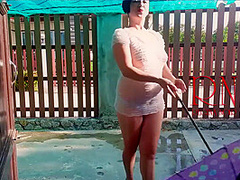 Summer Rainy Day. Wet Underwear. Rain. Umbrella