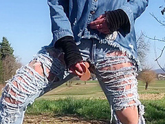 Outdoor Play With Her Pierced And Tattooed Pussy In Jeans