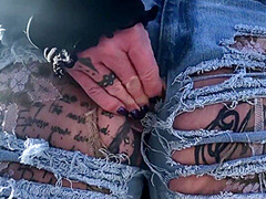 Outdoor Play With Her Pierced And Tattooed Pussy In Jeans