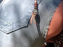 Outdoor Play With Her Pierced And Tattooed Pussy In Jeans