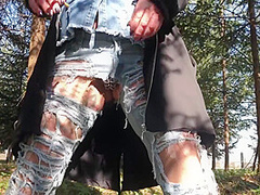 Outdoor Play With Her Pierced And Tattooed Pussy In Jeans