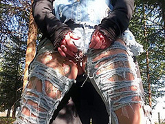 Outdoor Play With Her Pierced And Tattooed Pussy In Jeans