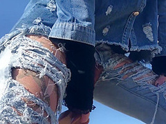 Outdoor Play With Her Pierced And Tattooed Pussy In Jeans