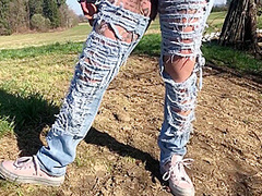 Outdoor Play With Her Pierced And Tattooed Pussy In Jeans