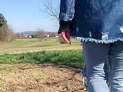 Outdoor Play With Her Pierced And Tattooed Pussy In Jeans