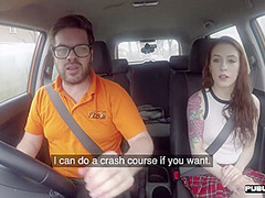 Tattooed medium tits babe fucked in car by instructor