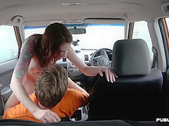 Tattooed medium tits babe fucked in car by instructor