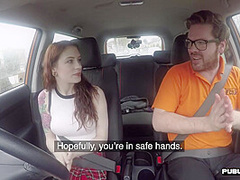 Tattooed medium tits babe fucked in car by instructor