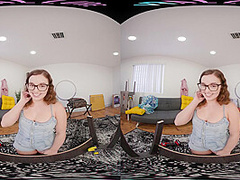 Busty brunette in glasses teasing you in virtual reality