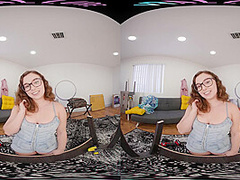 Busty brunette in glasses teasing you in virtual reality