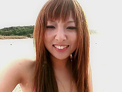 Ultra hairy Japanese gyaru in bikini beach foreplay
