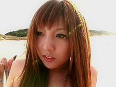 Ultra hairy Japanese gyaru in bikini beach foreplay