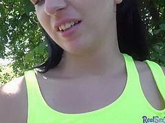 Public fucked teen enjoys POV sex for money outdoor