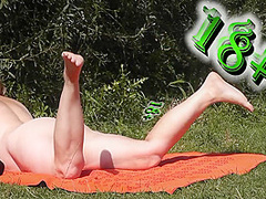 Summer. Wild Beach Part Two. Milf Sunbathes Naked, Masturbates Pussy Sucks Cock Random Passerby Guy. Nude Beach Outdoors