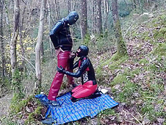Amateur Masked Latex Rubber Doll Couple Fuck Outdoors In Forest