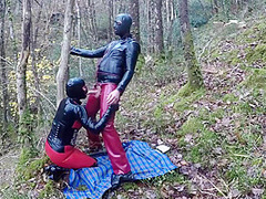 Amateur Masked Latex Rubber Doll Couple Fuck Outdoors In Forest