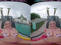 Curvaceous blonde fingers herself and humps a pillow in VR