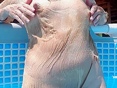 Nippleringlover Horny Milf See Through Wet Shirt In Pool Padlocks In Extreme Pierced Nipples