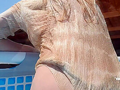 Nippleringlover Horny Milf See Through Wet Shirt In Pool Padlocks In Extreme Pierced Nipples