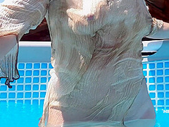 Nippleringlover Horny Milf See Through Wet Shirt In Pool Padlocks In Extreme Pierced Nipples