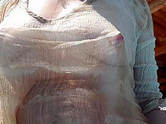 Nippleringlover Horny Milf See Through Wet Shirt In Pool Padlocks In Extreme Pierced Nipples