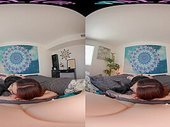 Horny tattooed Latina plays with herself in virtual reality