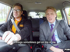 Busty tattooed lingerie MILF rides boss outdoor in car