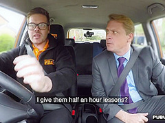 Busty tattooed lingerie MILF rides boss outdoor in car