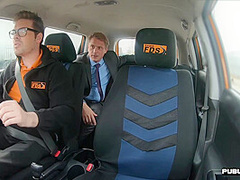 Busty tattooed lingerie MILF rides boss outdoor in car