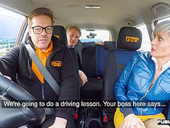 Busty tattooed lingerie MILF rides boss outdoor in car