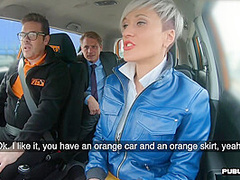 Busty tattooed lingerie MILF rides boss outdoor in car