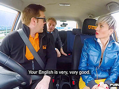 Busty tattooed lingerie MILF rides boss outdoor in car